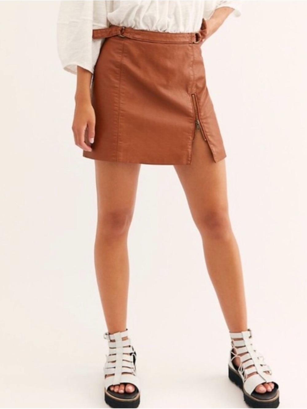 Free People Midnight Magic Faux Leather Mini Skirt in Camel Brown